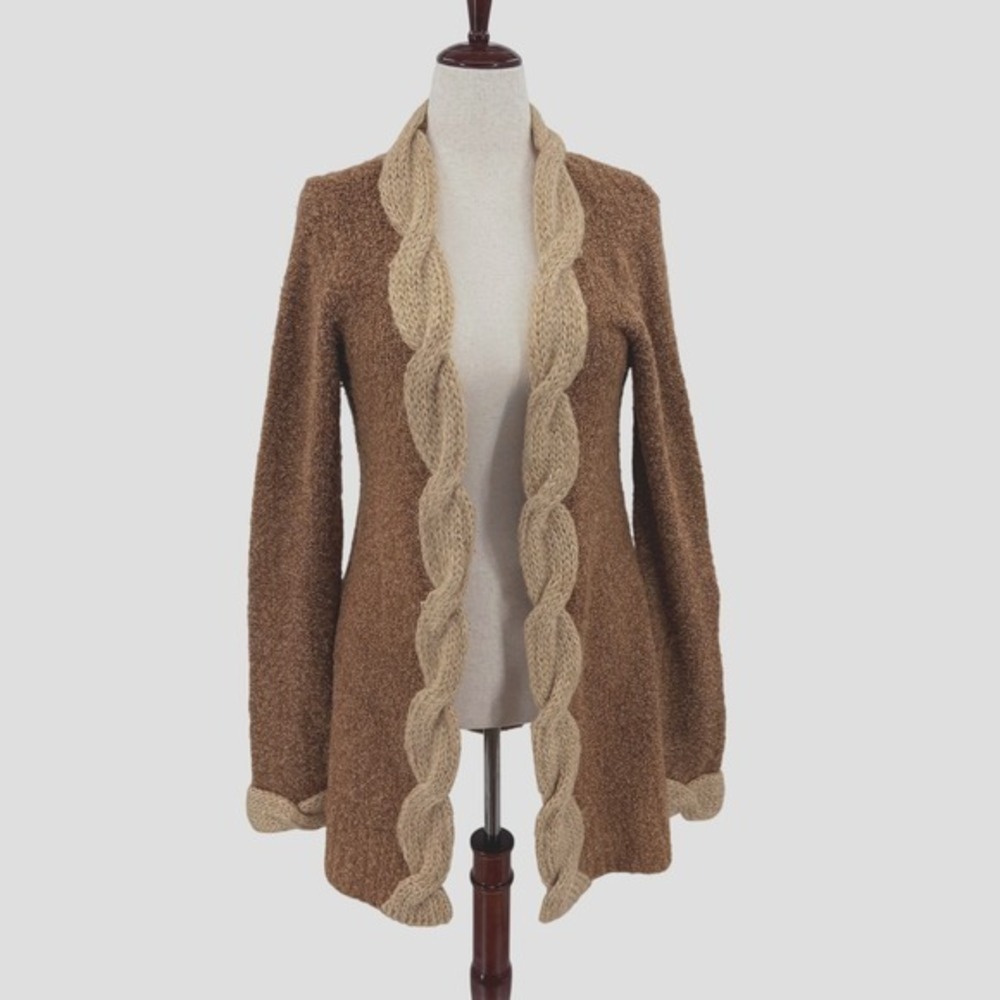 Anthropologie Sleeping on Snow Brown Boucle Wool Cardigan Mohair‎ Trim Medium